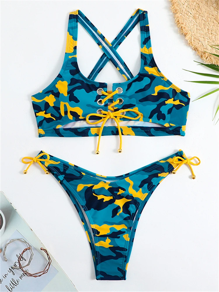 

Bikini Women Swimsuit 2023 New Camouflage Print Sling Bikinis Set Sexy Thong Swimwear Summer Beach Wear Bathing Suit For Female