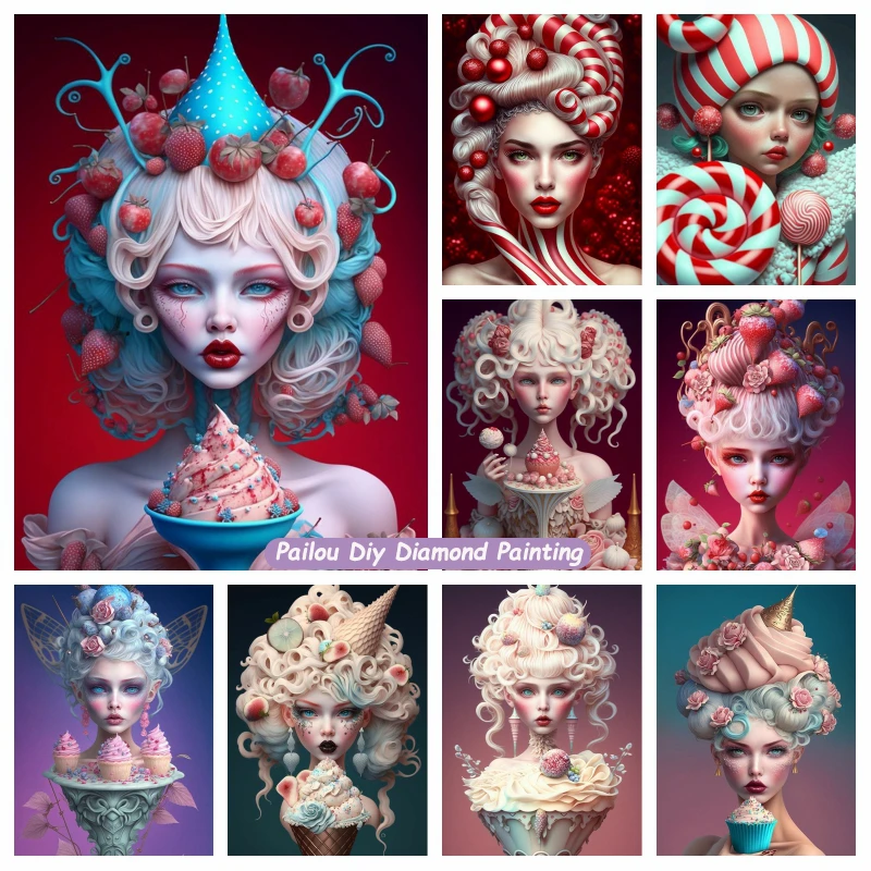 

5d Diamond Painting Girl With Candy Fantasy Colored Ice Cream Strawberry Woman Portrait Crystal Cross Stitch Craft Room Decor