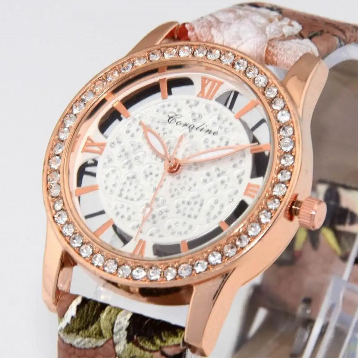 Новые модные часы с принтом розовое золото полый циферблат кожаный ремешок