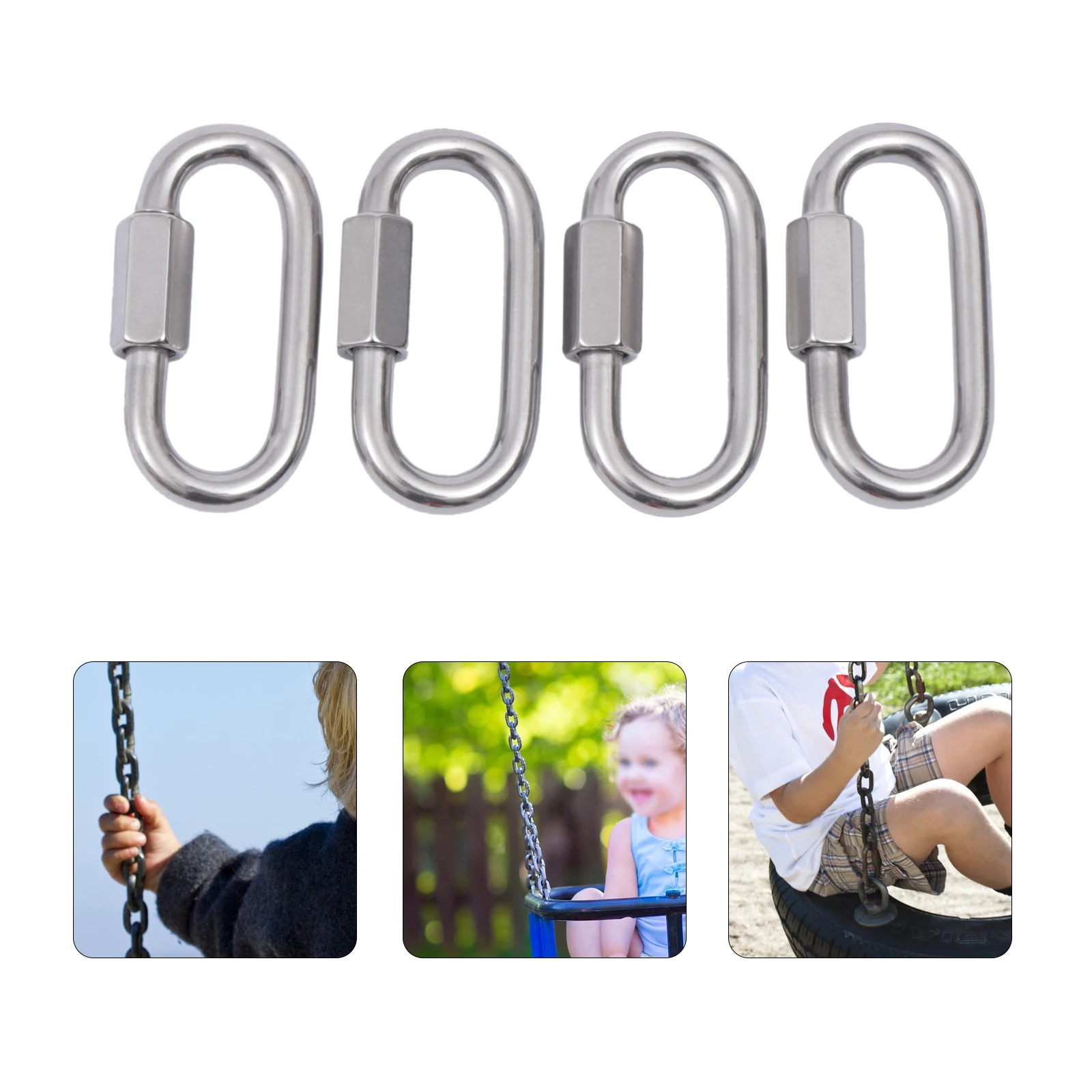 

4× Stainless Steel Chain Quick Link-Heavy Duty Locking Carabiner Chain Connector Connect Oval Shape Safety Silver