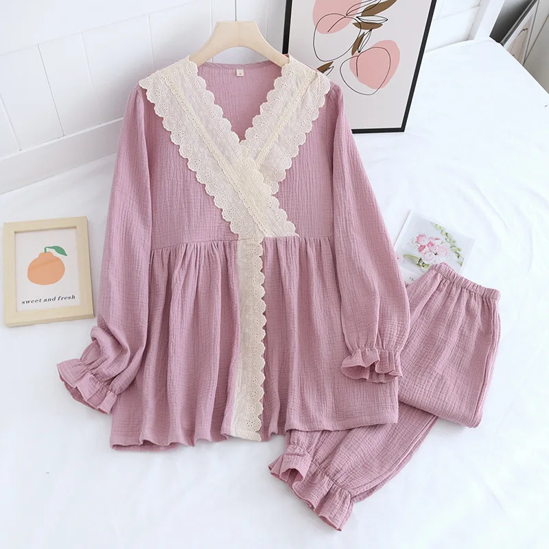 Nightclothing 2 Piece Set Ladies Thin Crepe Cotton Lace V-Neck Crossover Four Seasons Long Sleeve Pullover Seekers Pijamas Women