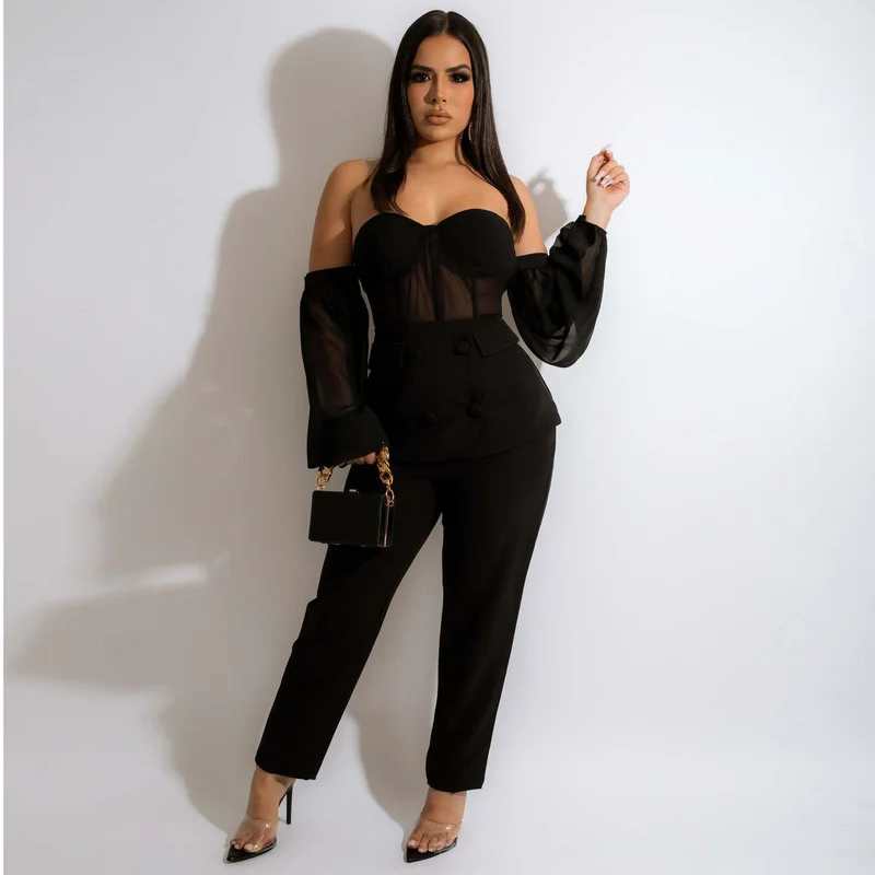 

Женский спортивный костюм KEXU, блейзер с открытыми плечами и Брюки Из Сетчатой Ткани в стиле пэчворк, комплект из двух предметов, 2022