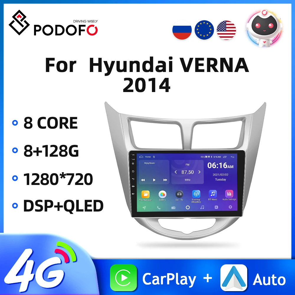 

Автомагнитола Podofo, 2DIN, Android 10, для Hyundai VERNA 2014, автомобильный мультимедийный видеоплеер, GPS-навигация, 4G, Wi-Fi, беспроводной Carplay, 8 ядер