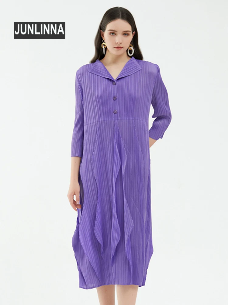 

JUNLINNA Runway Fashion Pleated Materials Women Dress One Free Size Lapel Neck Ruffles Summer Casual Midi Vestidos