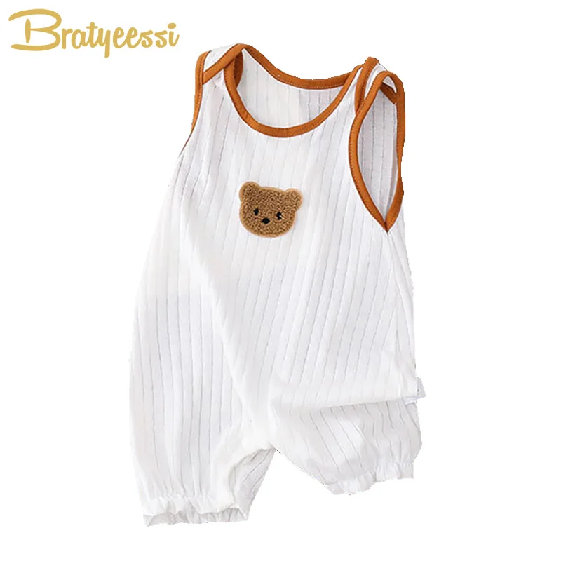 Summer Newborn Romper White Bear Baby Jumpsuits Sleeveless Soft Muslin Infant Boys Girls Clothes Toddler Sleepwear Kids Clothing