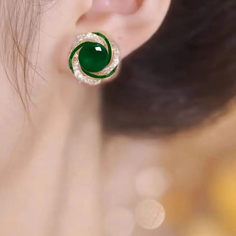 Новые южнокорейские серьги с зеленым камнем кошачий глаз элегантные модные