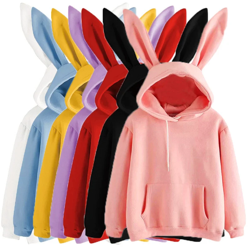 

2023 autumn and winter new women's Harajuku hooded rabbit sweater solid color loose casual women's top