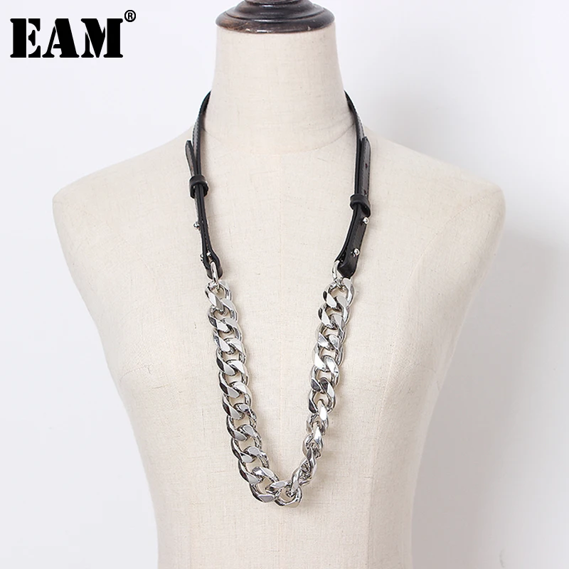 

[EAM] Women Black Metal Chain Pu Leather Split Necklace New Temperament Fashion Tide All-match Spring Autumn 2023 1T384
