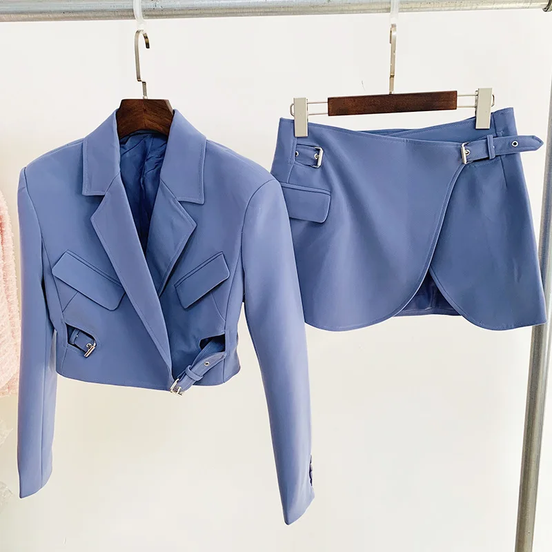 HIGH STREET Newest Star Style 2023 Runway Designer Suit Set Belted Short Blazer Mini Skirt Suit