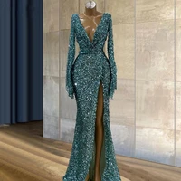 sparkly blue sequins mermaid evening dresses sexy v neck long sleeves formal women party gown robes de soir%c3%a9e vestidos de fiesta