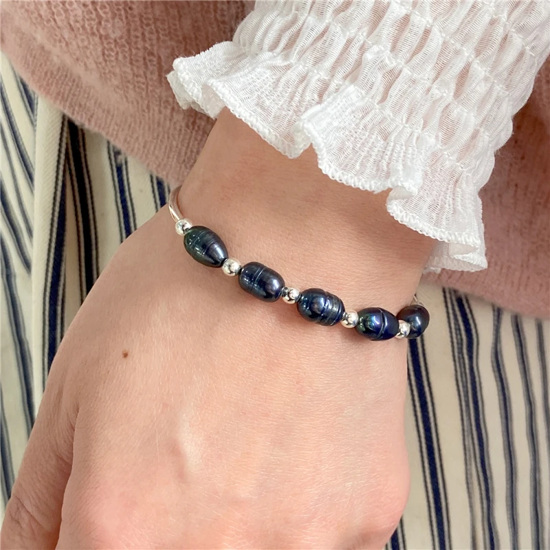 

Fashion Natural Pearls Bracelets Silver Color Black Natural Pearls Bracelets Adjustable Charms Bangles Women Girl Jewelry Gifts
