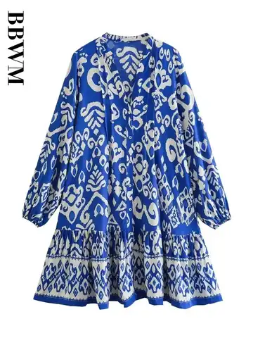 Print Mini Dress Woman Loose Casual Dress Women Long Sleeve Hem Laminated Decoration Dresses Women 2023 New Chic Short Dress