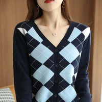 womens knitted sweater spring and autumn new v neck colorblock plaid single breasted loose fashion casual knitted cardigan