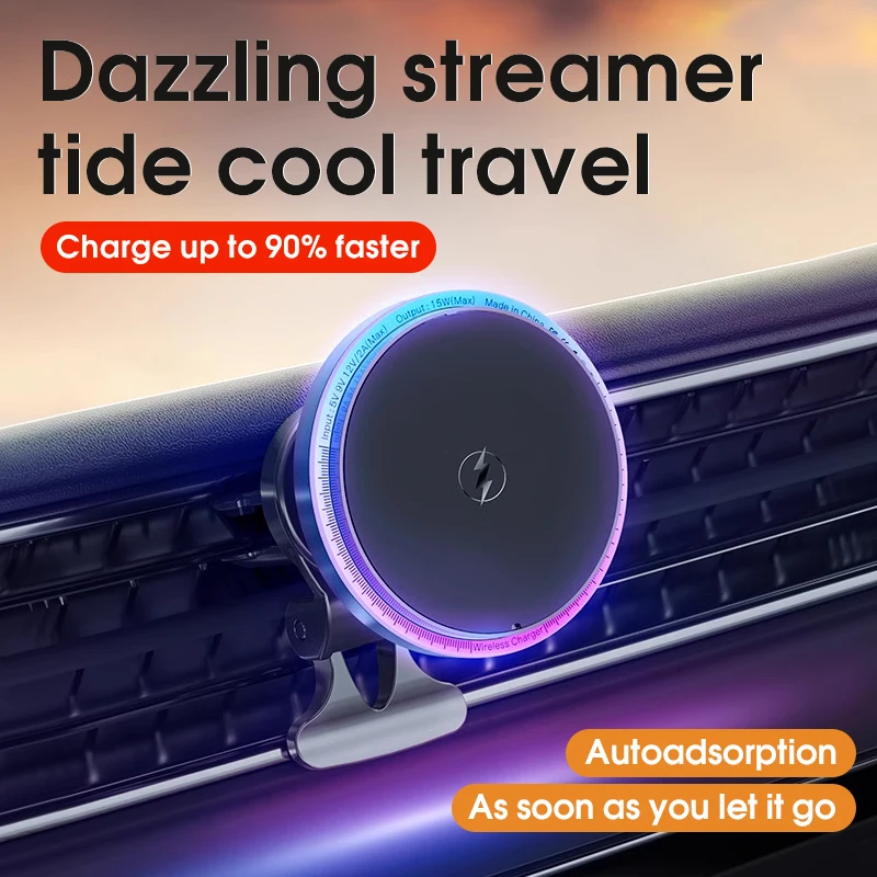 

Магнитный автомобильный держатель для телефона, беспроводное зарядное устройство для iPhone 14 13 12 Pro Max, быстрая зарядка, автомобильный держатель зарядного устройства с RGB-подсветкой