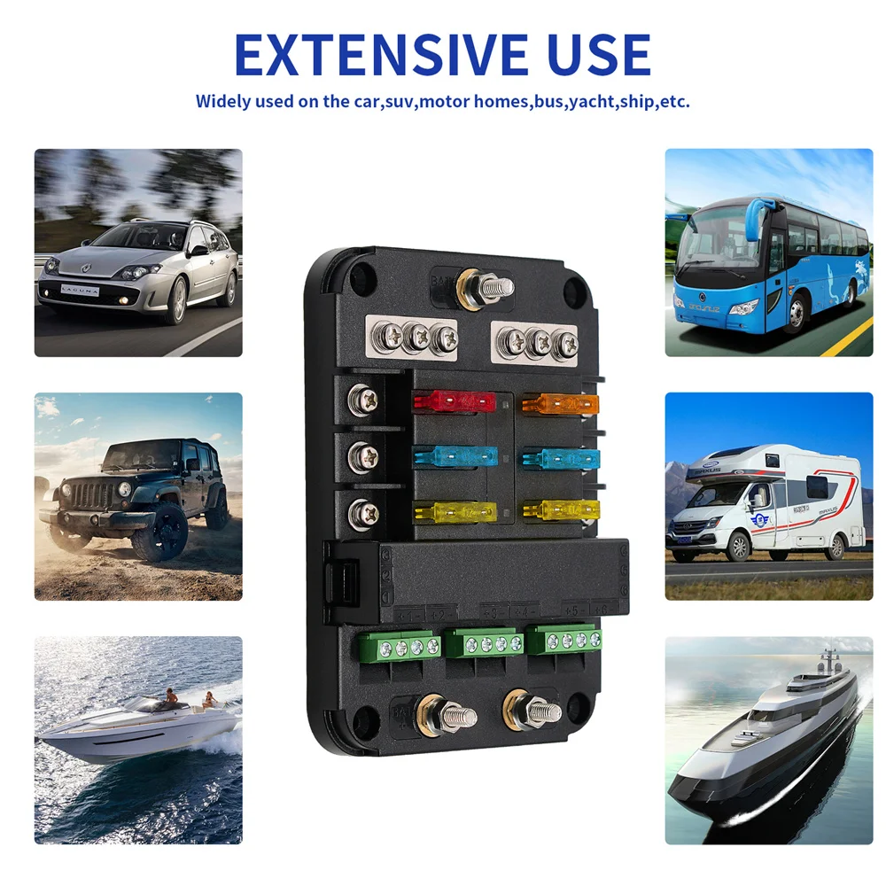 

Motorhome Car 6-way Independent Control Open Circuit One In Multiple Out Fuse Box with LED Indicator