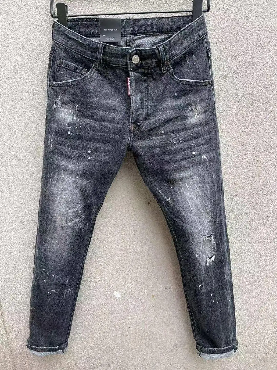 

2023 new fashion tide brand men's washing worn out torn paint motorcycle retro jeans 930