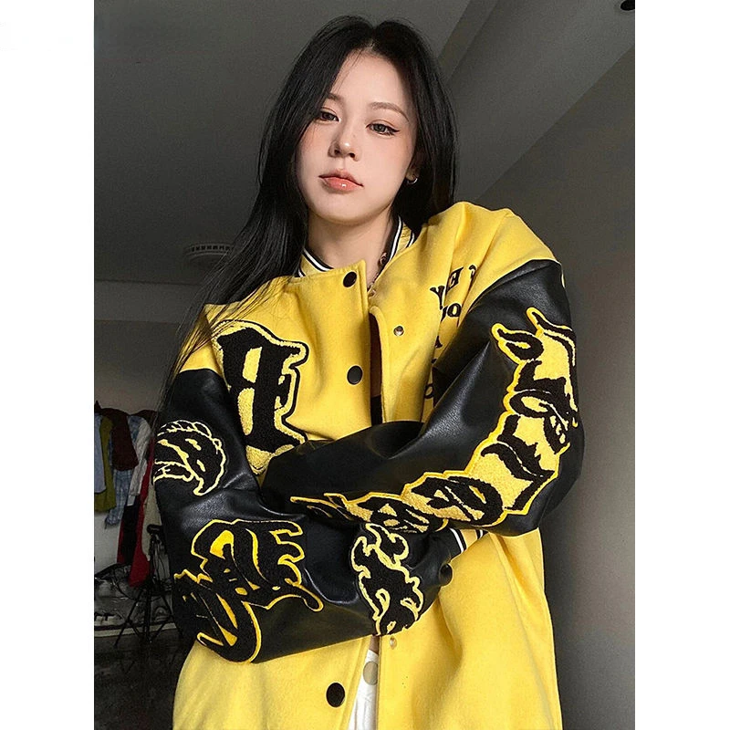 American New PU Leather Stitching Coat Female Y2k Gothic Lazy Wind BF High Street Hiphop Brand Loose Casual Baseball Uniform Top