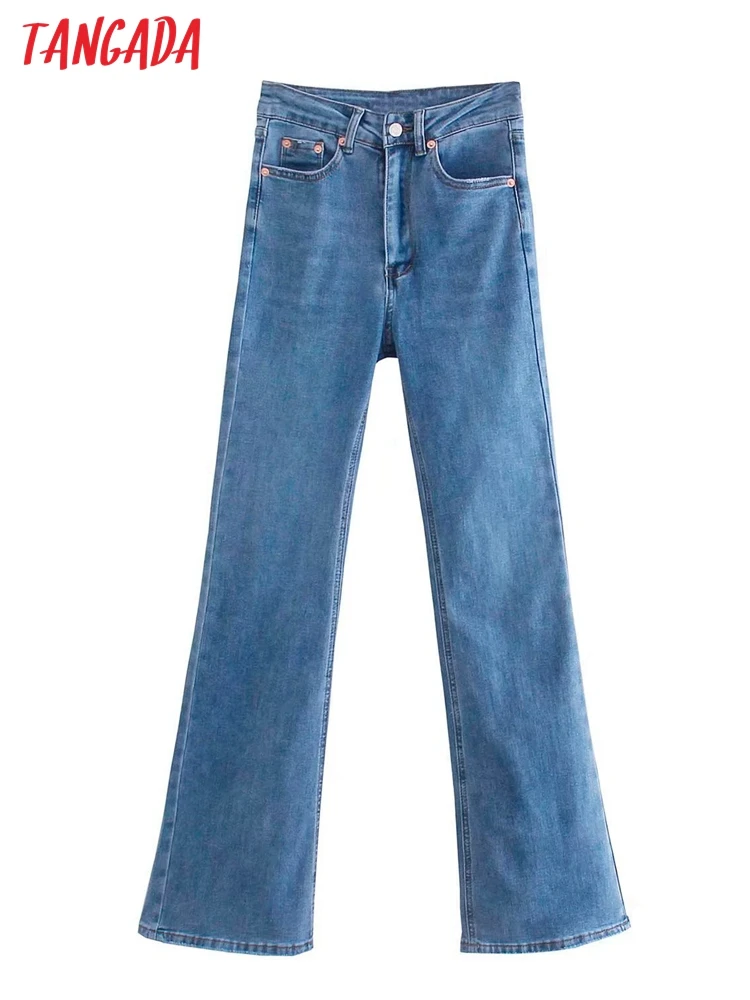 

Tangada 2022 Fashion Women Blue Flare Jeans Pants Long Trousers High Waist Pockets Buttons Female Pants 4M30