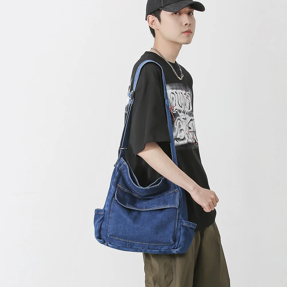 

Multi-pocket Simple Portable Travel Messenger Bag Trendy Denim Crossbody Bag Unisex Vintage Blue Large Capacity Designer Bag