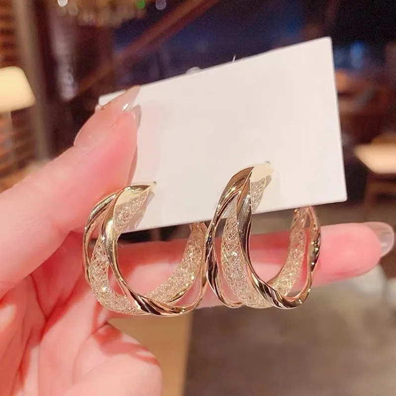 

Korean Metal Round Twist Hoop Hollow Mesh Drop Earrings for Women Shiny Crystal Personality Exaggerated Earrings Jewelry Brincos