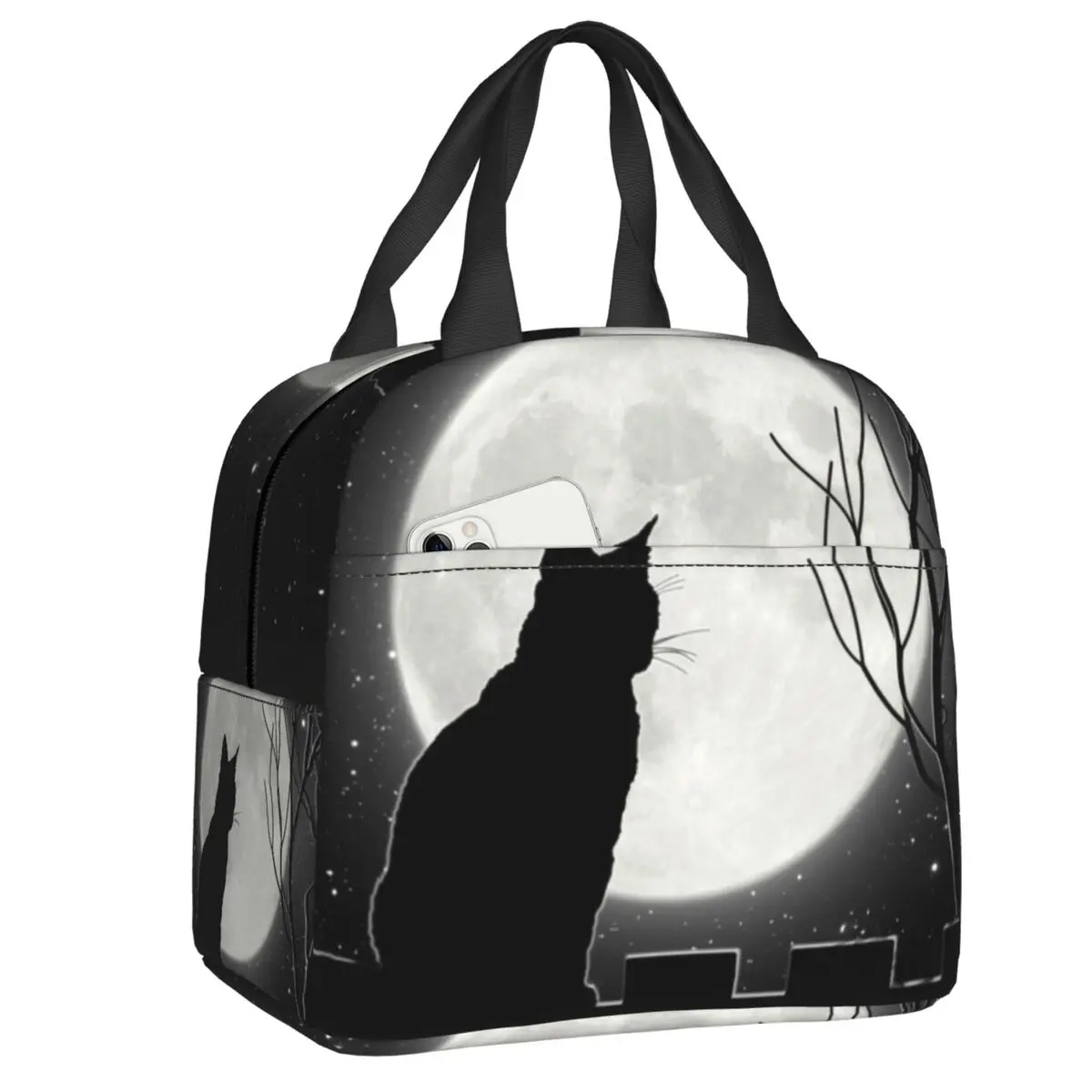 

Black Cat Looking At The Full Moon Insulated Lunch Tote Bag for Women Animal Cartoon Portable Thermal Cooler Bento Box