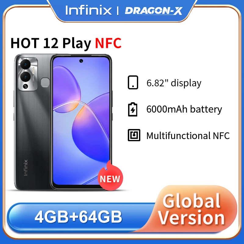 

Infinix HOT 12 PLAY NFC Смартфон 6,82 "Быстрое обновление скорости дисплей 6000 мАч пауэрмарафон длительное удовольствие мобильный телефон X6816D