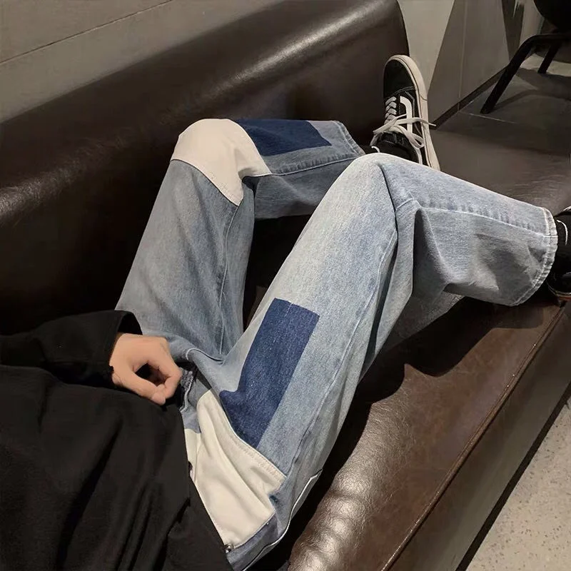 DEEPTOWN Patchwork Straight Jeans Men Vintage Loose Casual Denim Pants Retro Fashion Trousers Male Streetwear Korean Spring