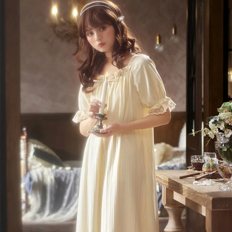 Princess Style Nightdress for Women 2021 New Summer Kawaii Lace Night Gown Sweet Plus Size Dress Calf Nightwear Ruffles Homewear