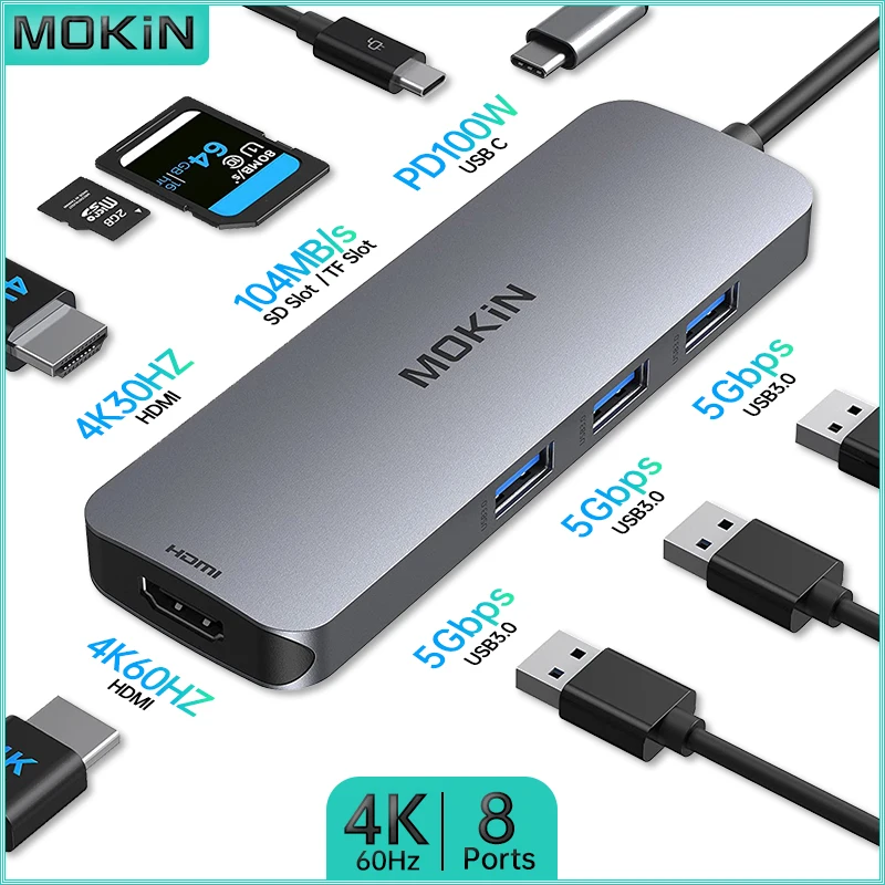 

MOKiN 8 in 1 Docking Station: USB3.0, HDMI 4K30Hz/4K60Hz, PD 100W, SD/TF - Ideal for MacBook Air/Pro, iPad, Thunderbolt Laptops