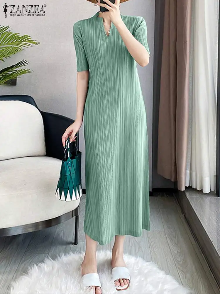 

ZANZEA Fashion Summer Dress Women Elegant V Neck Short Sleeve Dresses Mid-calf Sundress Pleated Robe Femme Office Work Vestidos