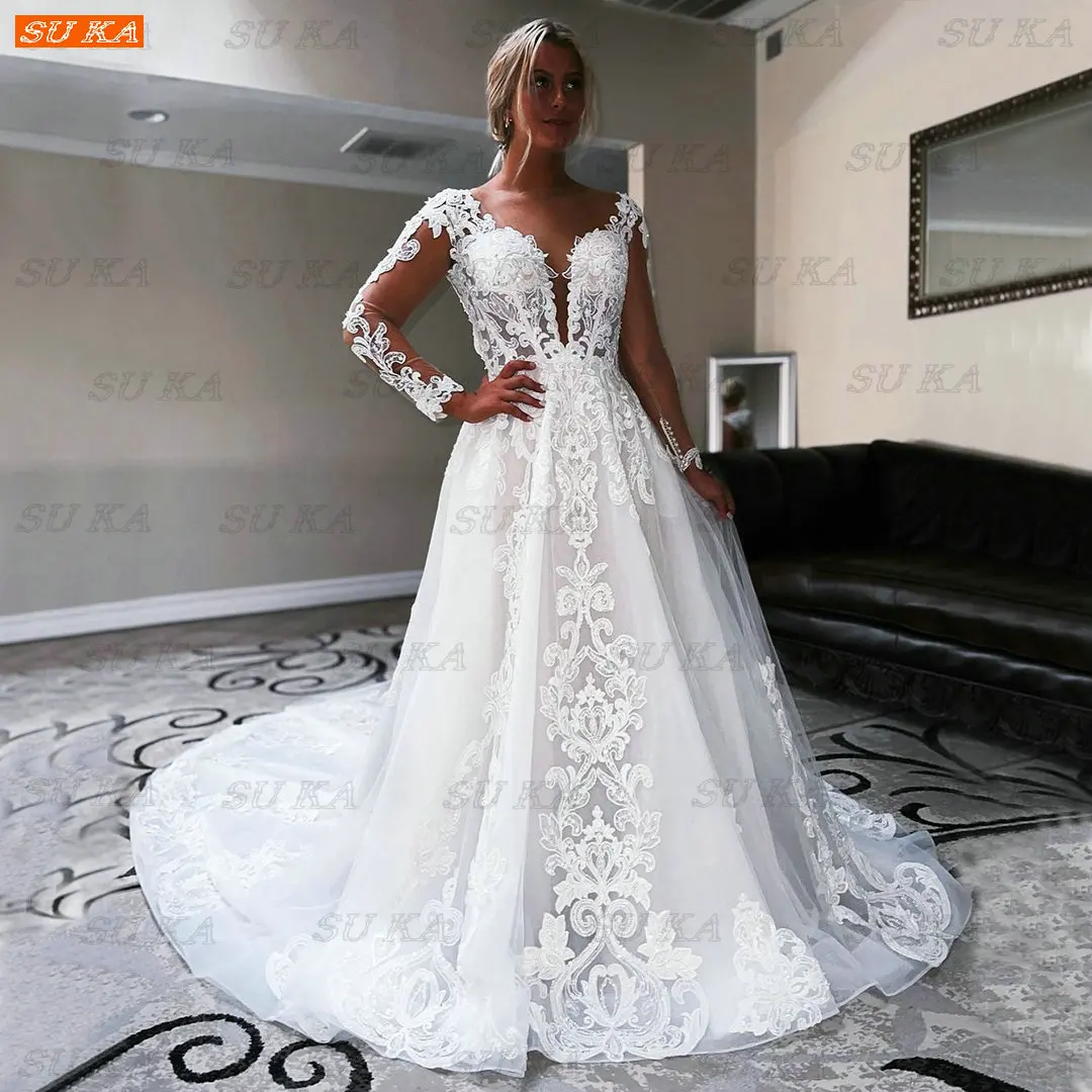 

Chic White Appliqued Wedding Dress 2022 Vestido De Noiva Princesa Custom Made Bridal Dresses Elegant Long Sleeves Robe De Mariée