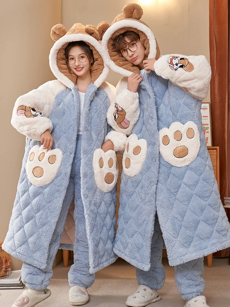 Couple Pajamas Winter Women's Three-Layer Cotton-Padded Jacket Coral Fleece Thickened Fleece-lined Plus size Men's Nightgown ...