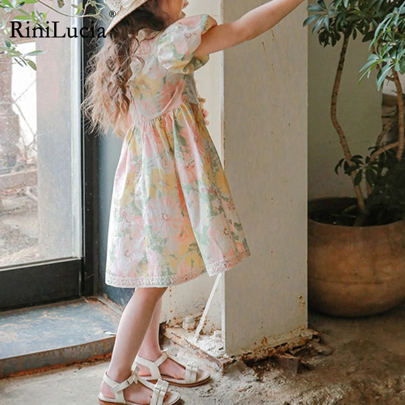 

RiniLucia 2022 New Floral Summer Dress For Girls Flower Short Sleeve French Dresses For Children Kids Blend Dresses For Girls