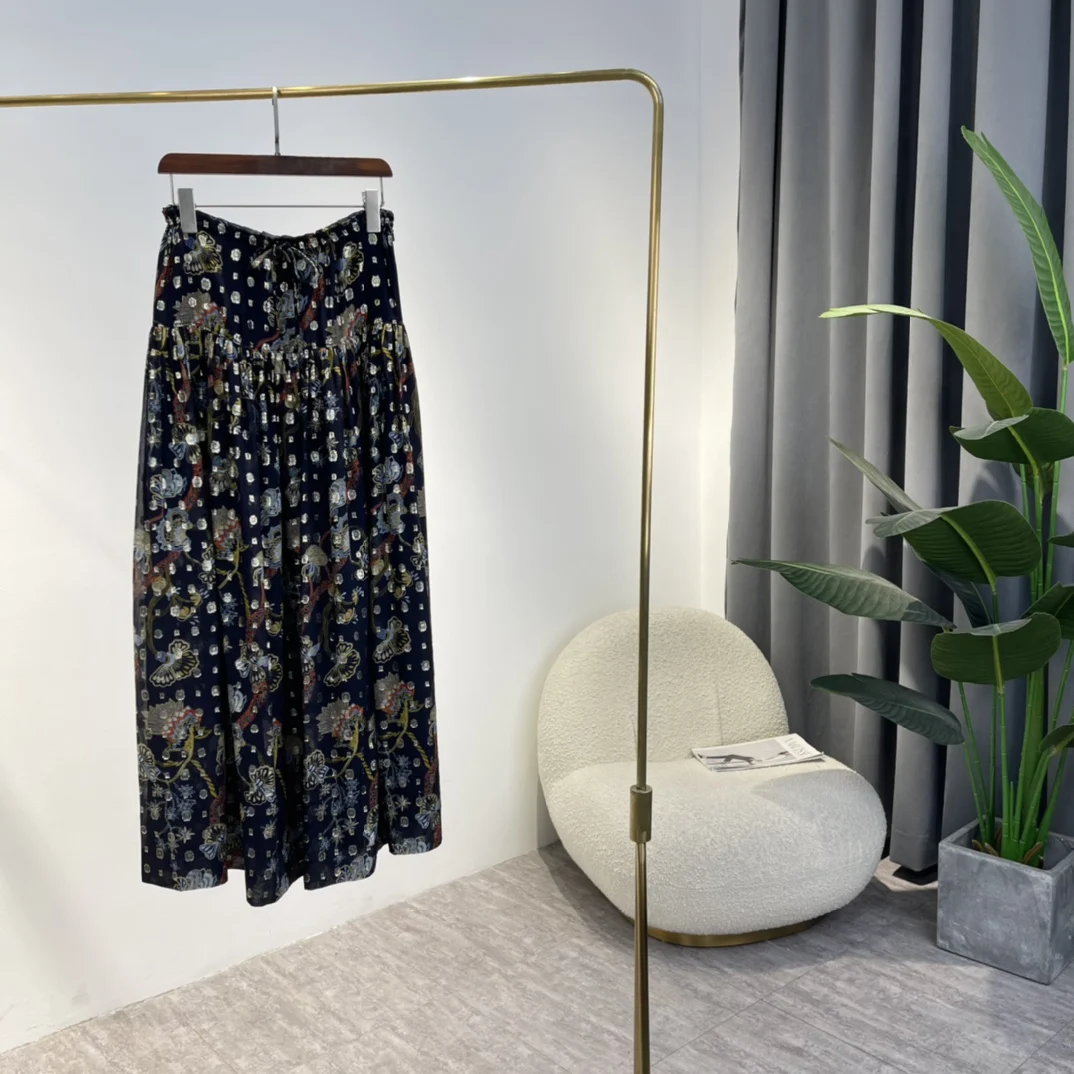 

Top Quality Gold Shining Silk Designer Clothes 2022 Spring Summer Hot Sale Jacquard Royal Blue Long Vintage Skirts