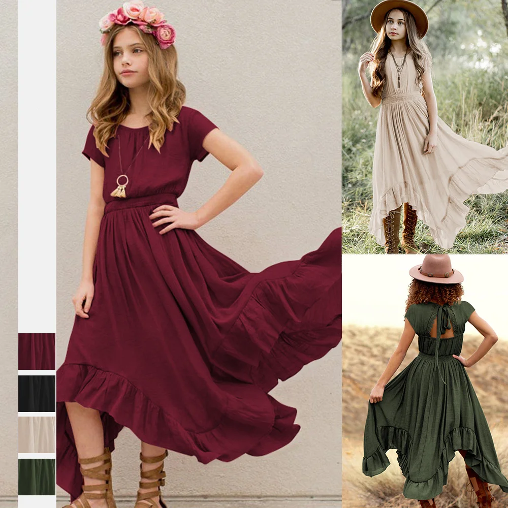 2022 New Summer Hot Sale Girls European Lace Back Ruffle Hem Short Sleeve Dress