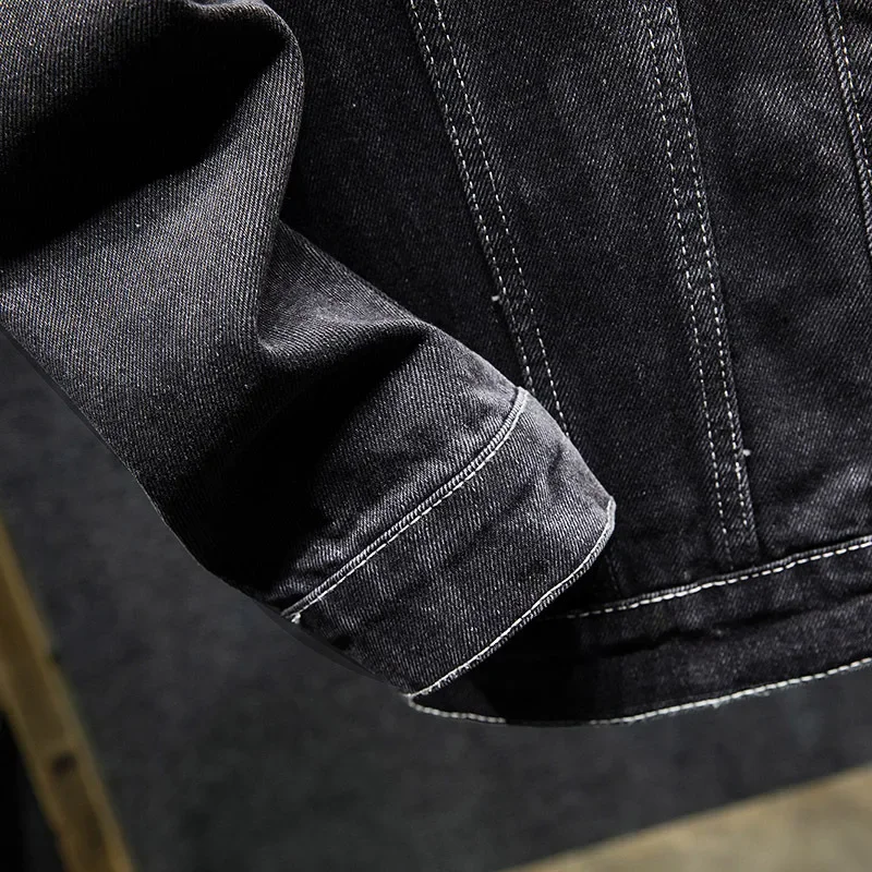 Весенне-осенняя свободная куртка больших размеров черная джинсовая мужская