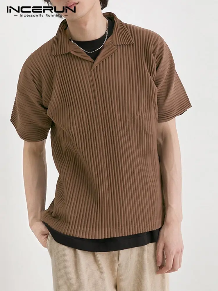 

INCERUN Fashion Men Shirt Streetwear Solid Color Lapel Short Sleeve 2022 Casual Men Clothing Summer Korean Leisure Shirts S-5XL