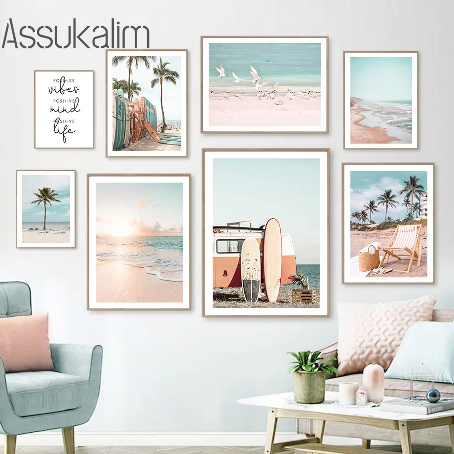 

Beach Surfboard Canvas Painting Palm Painting Poster Sea Sunset Print Pictures Camper Art Prints Nordic Wall Posters Home Decor