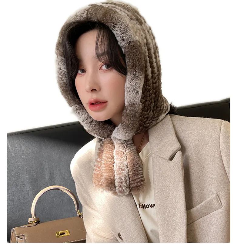 Winter Real Rex Rabbit Fur Cap Hood for Women Hand Knitted Neck Warmer Russia Outdoor Ski Hat Thick Fluffy Beanies with Tassel