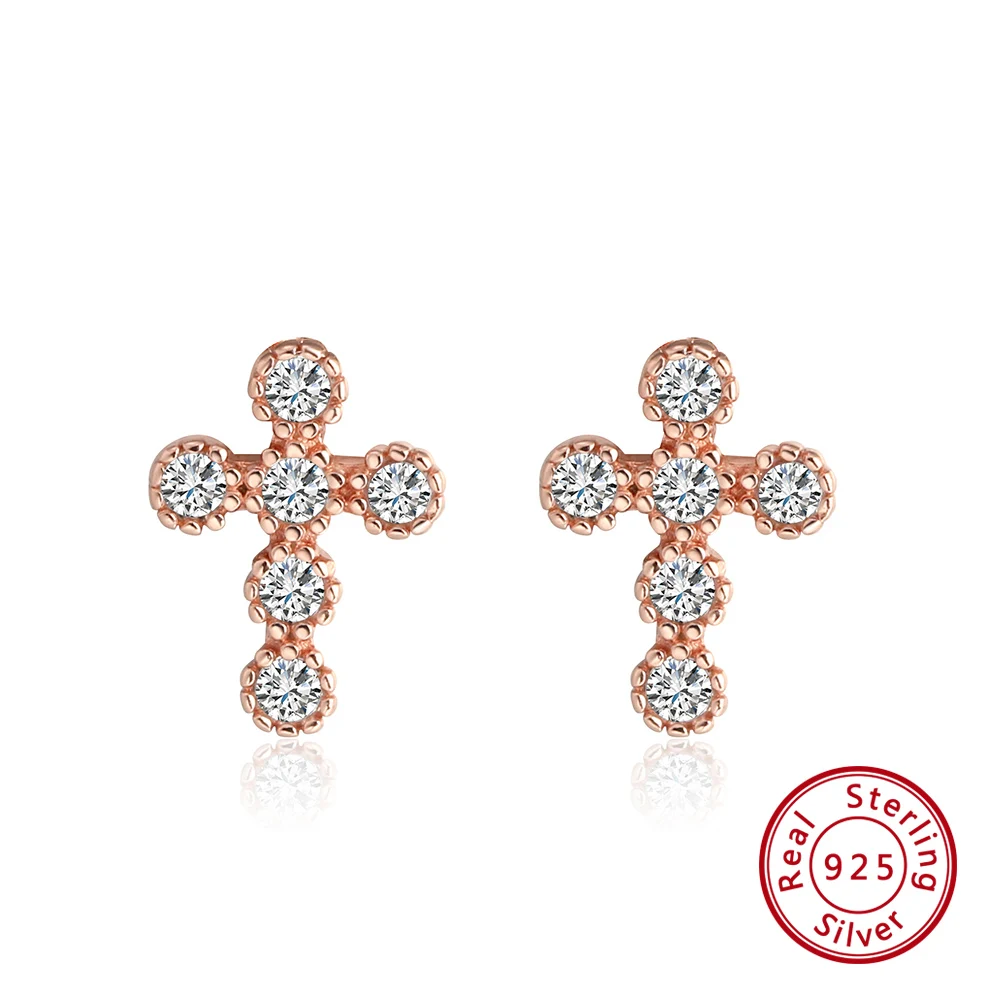 

KISS MANDY Women Girl's 9mm Small Cute Cross Stud Earrings Real 925 Silver Full Zircon Rose Gold Color Silver Jewelry SE106