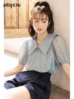 mishow shirts for women summer french peter pan collar puff short sleeves breast folds blouse office lady solid tops mxb27x0291