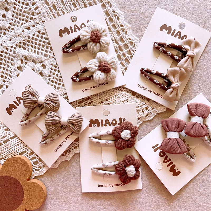 

Children's Autumn Curry Color System Wool Flowers Bb Clip Girls Milk Curry Bow Pair Of Hair Clips Parent-child
