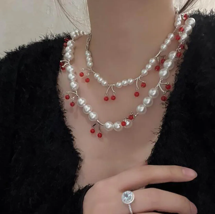 

Mini Cherry Pendant Pearl Necklace Fruit Series Fairy Spirit sweet girl summer holiday neck chain sweet accessory