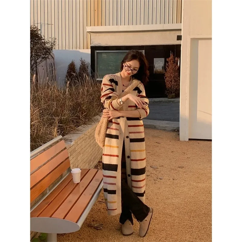 Длинный свитер в контрастную полоску пальто Новинка весна-осень 2023 Свободный