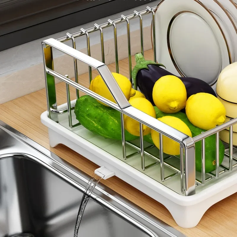 Large Stainless Steel Dish Drying Rack Kitchen Counter Plate Bowl Drainer with Plastic Board Tableware Organization and Storage