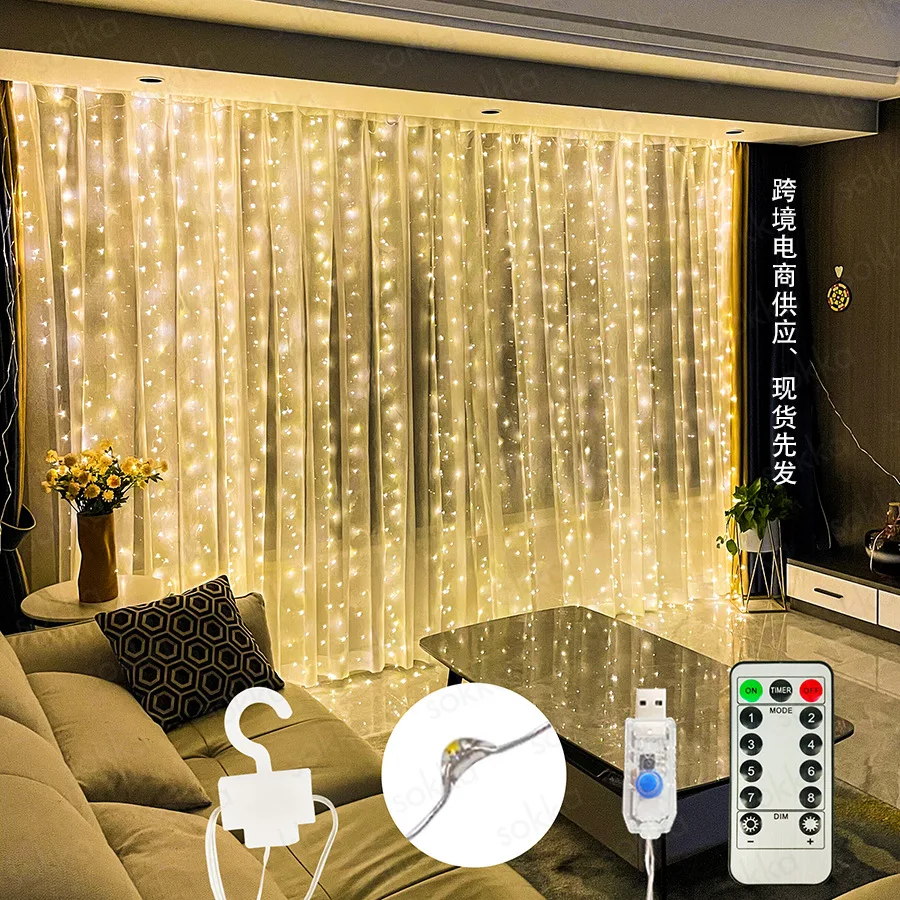 

3x3m Hook Remote Control USB Plug Bedroom Curtain Decoration LED Copper Wire Curtain Light