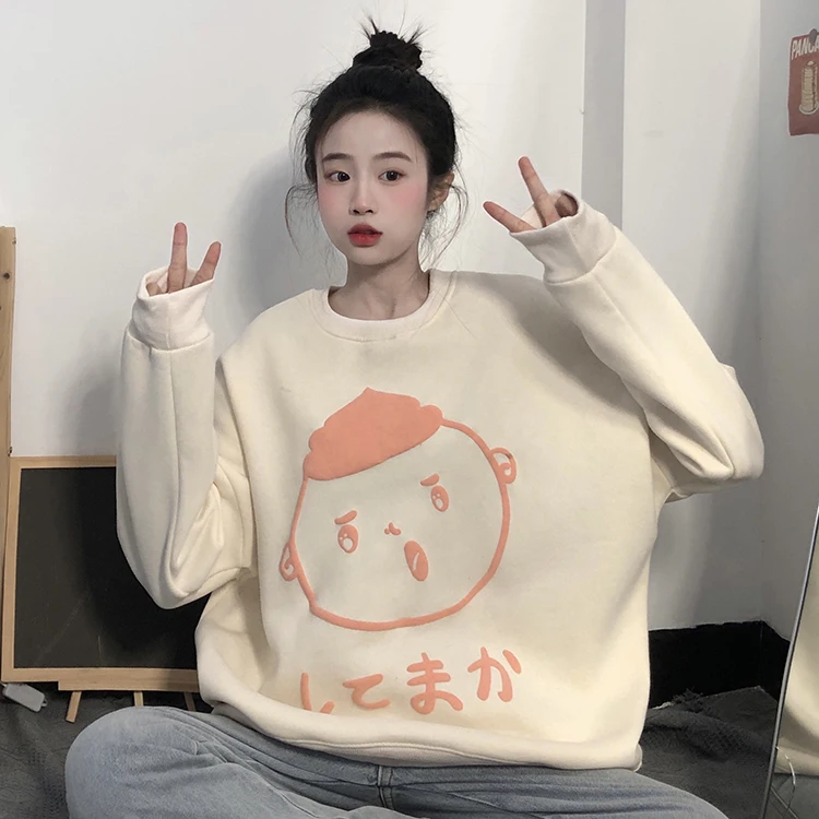 

Свитшот женский с мультяшным принтом, милая одежда в Корейском стиле, Модный пуловер с круглым вырезом, свободные толстовки, теплая флисова...