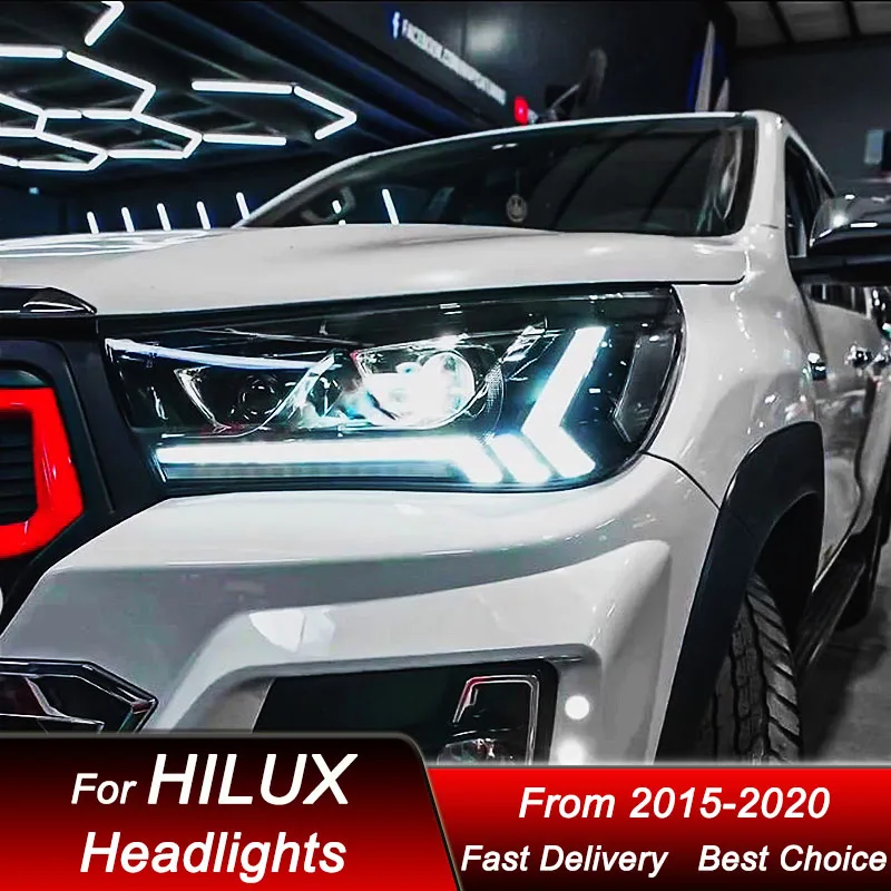 Фото Светодиодные фары для Toyota HILUX REVO 15-20, обновленный стиль, полный комплект LED-фар с проекционными линзами, аксессуары для тюнинга. №1