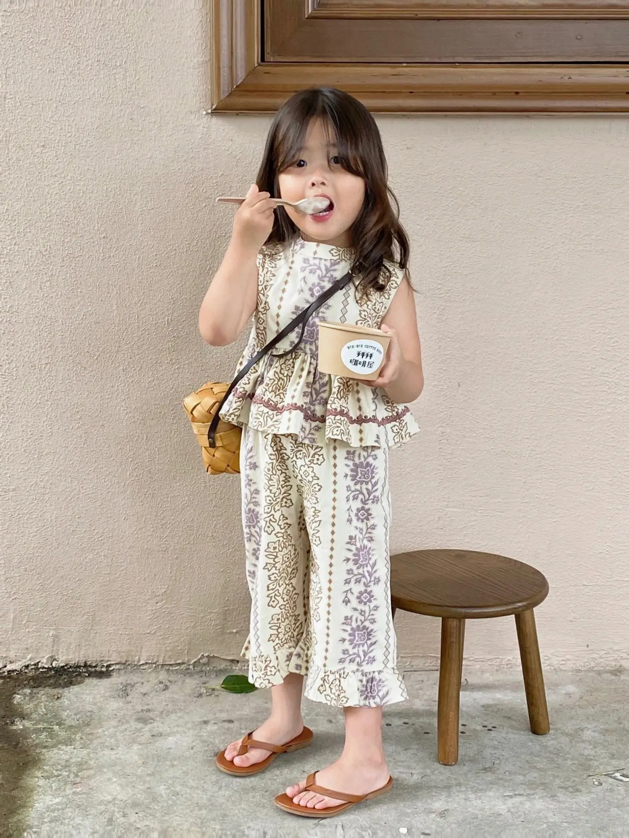 

2023 Summer Girls Floral Sleeveless Shirt Cropped Pants Set Comfortable Casual Two-piece Boutique Clothing Simple Style