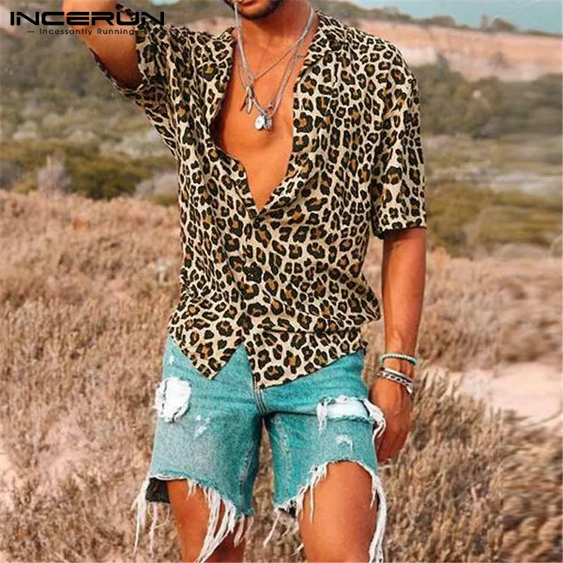 Sommer Kurzarm Leopard Druck Hemd Männer Revers Neck Lose Button Up Bluse Atmungsaktive Streetwear Sexy Shirts Männer INCERUN 2022